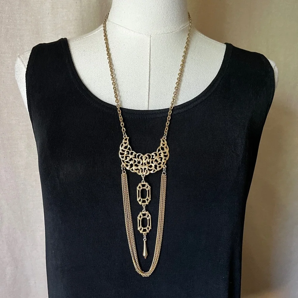 Vintage Gold Tone Filigree Fringe Statement Necklace Bib 1920s Style